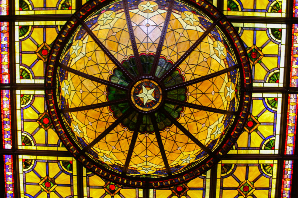 Stained glass ceiling in The Driskill hotel lobby - Austin itinerary