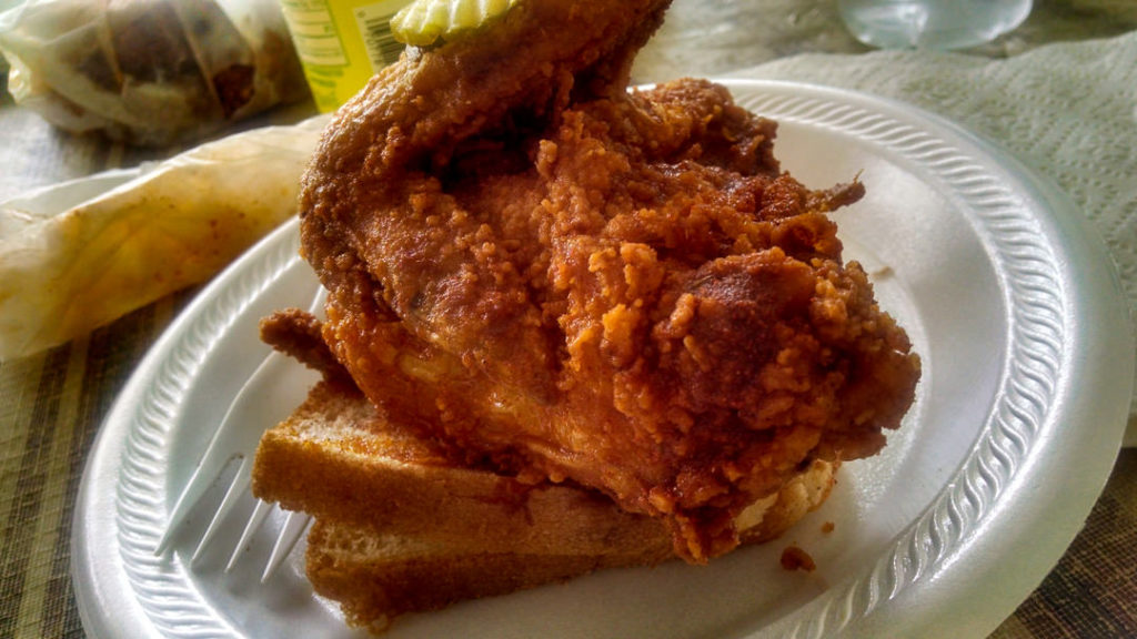 Hot fried chicken plate - Prince's Hot Chicken - Nashville family-friendly itinerary