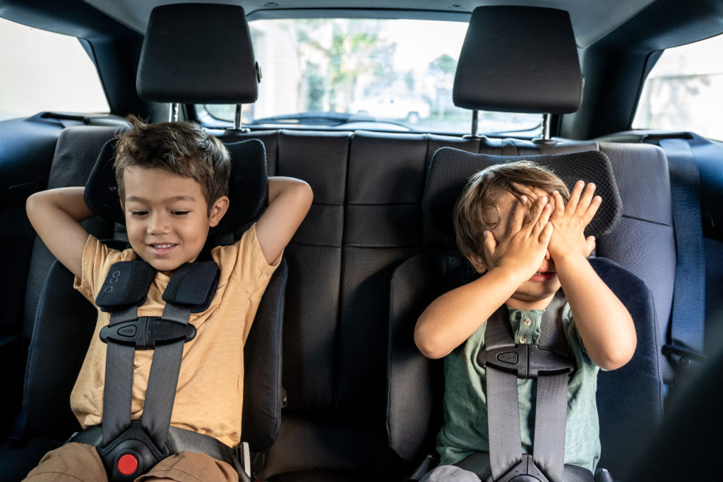 Toddler brothers comfy in their WABY Pico travel car seats - an easier way - traveling with car seats