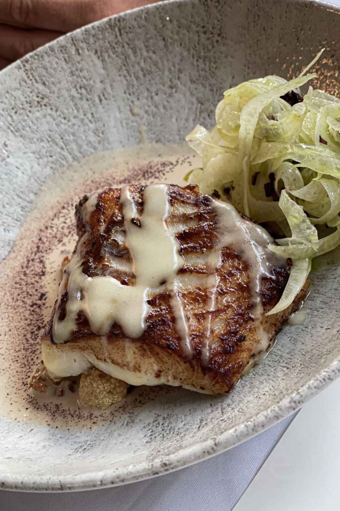 Grilled white fish filet topped with a creamy sauce, served with shaved fennel salad on a stoneware plate at the Lava Restaurant at the Blue Lagoon.