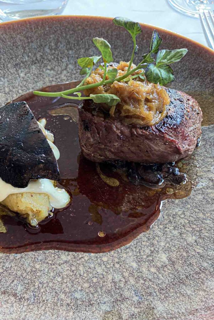 Plated gourmet beef filet topped with caramelized onions and microgreens, served on a rich brown sauce alongside a jumbo portobello mushroom over creamy mashed potatoes served at the Lava Restaurant at the Blue Lagoon in Iceland.