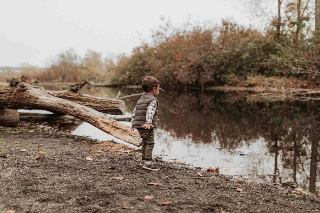 A toddler plays at the edge of a creek in the Washington Park Arboretum with some downed tree stumps, stones and leaves, a fun nature playground for kids.