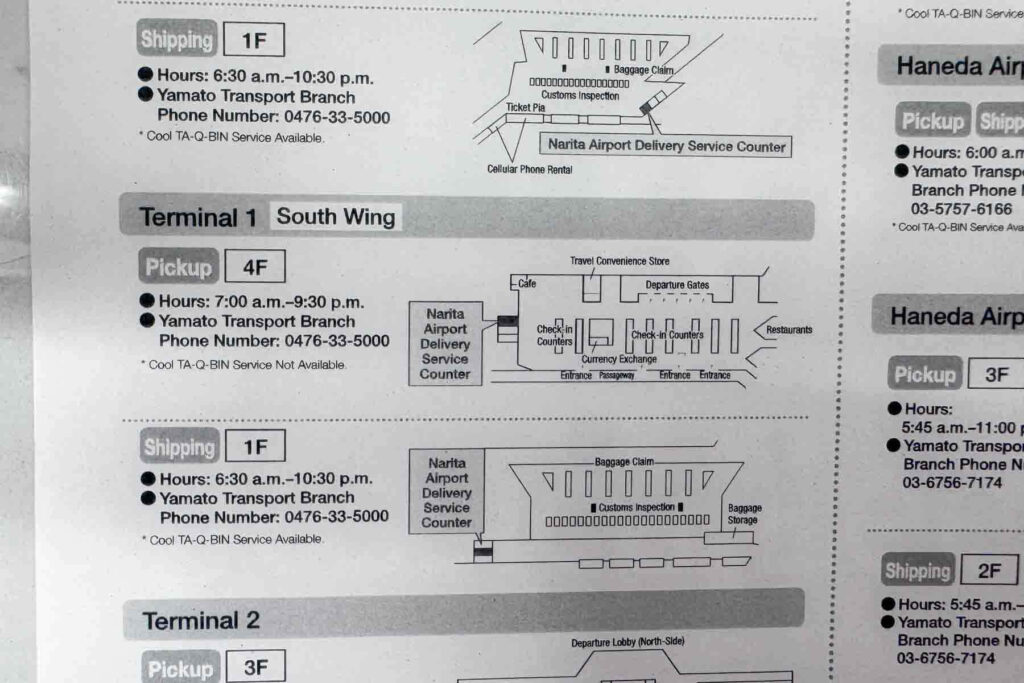 Printed map displays Yamato Transport pickup and shipping counters at Narita Airport across multiple terminals, including operating hours. 