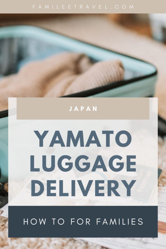 A light blue suitcase partially packed with folded clothing, with travel documents and a passport nearby, overlaid with text reading “Japan Yamato Luggage Delivery: How To for Families.” This Pinterest graphic supports a travel blog post about Japan’s luggage delivery service and explains how it works for families to use on their trip to Japan.