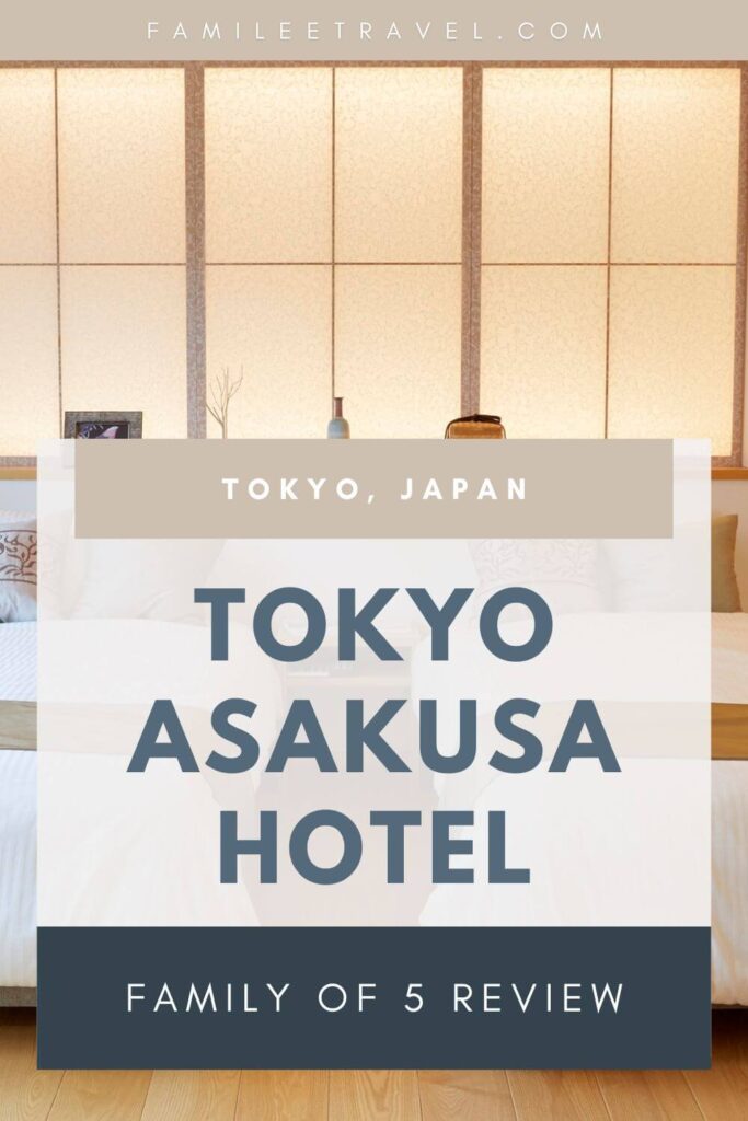 Pinterest graphic showing a minimal Japanese-style hotel room with the text "Tokyo Asakusa Hotel – Family of 5 Review" overlaid. Promotional pin for a blog post about a family reviewing their stay at Mimaru Suites Tokyo Asakusa with kids in Japan.