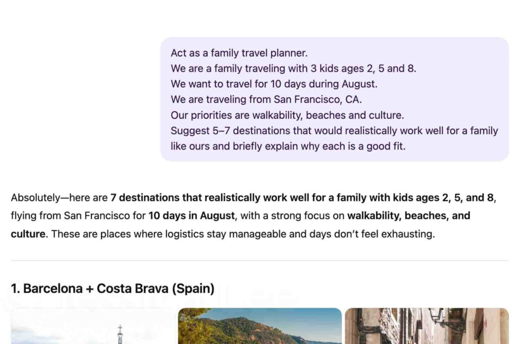 A purple ChatGPT prompt asks for 5–7 travel destinations suitable for a family with young children, prioritizing walkability, beaches, and culture. The AI-generated response highlights seven realistic options from San Francisco in August, showcasing an easy way to use ChatGPT for travel planning.
