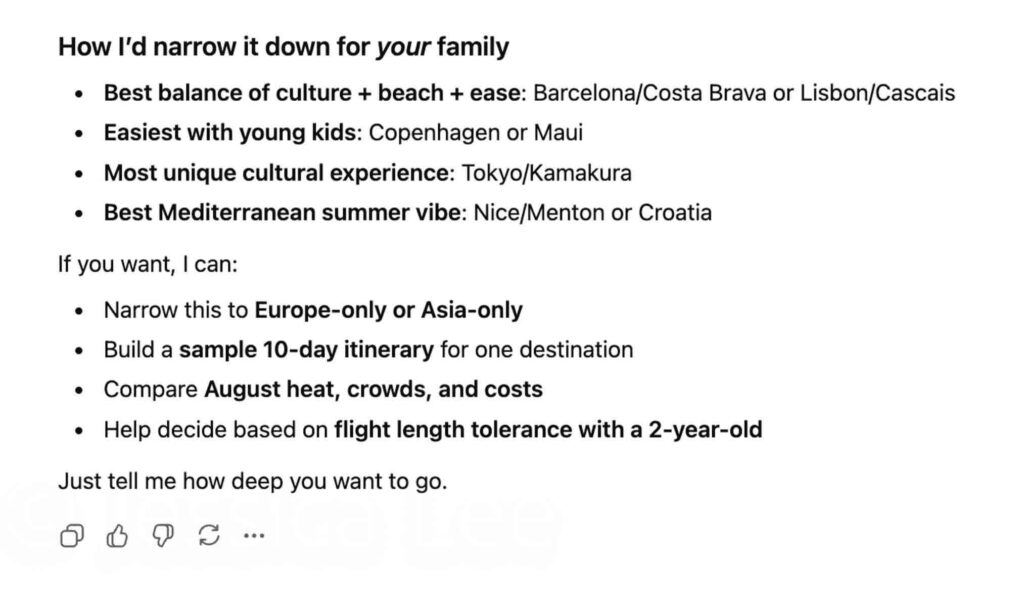 Screenshot showing a summary of ChatGPT travel suggestions for families, including best destinations by criteria like ease, culture, or Mediterranean summer vibe. The list offers insights into narrowing down travel choices using customized ChatGPT prompts to compare by additional factors.