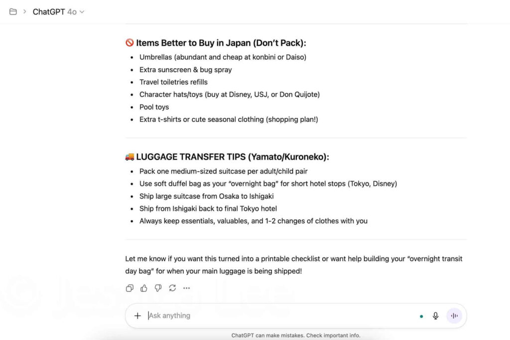 ChatGPT-generated packing list and luggage tips for traveling in Japan, including what not to pack and instead buy in Japan, and how to use Yamato/Kuroneko delivery services. This practical travel advice reflects how ChatGPT prompts for travel can streamline logistics and help with packing.