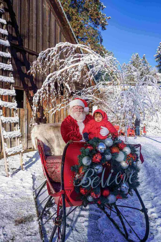 Santa Claus poses with a toddler in a red winter coat inside a vintage sleigh decorated with ornaments and a wreath that says “Believe,” all set in a snowy, forested backdrop in Leavenworth, WA. A picture-perfect moment in one of the best Christmas destinations with kids.