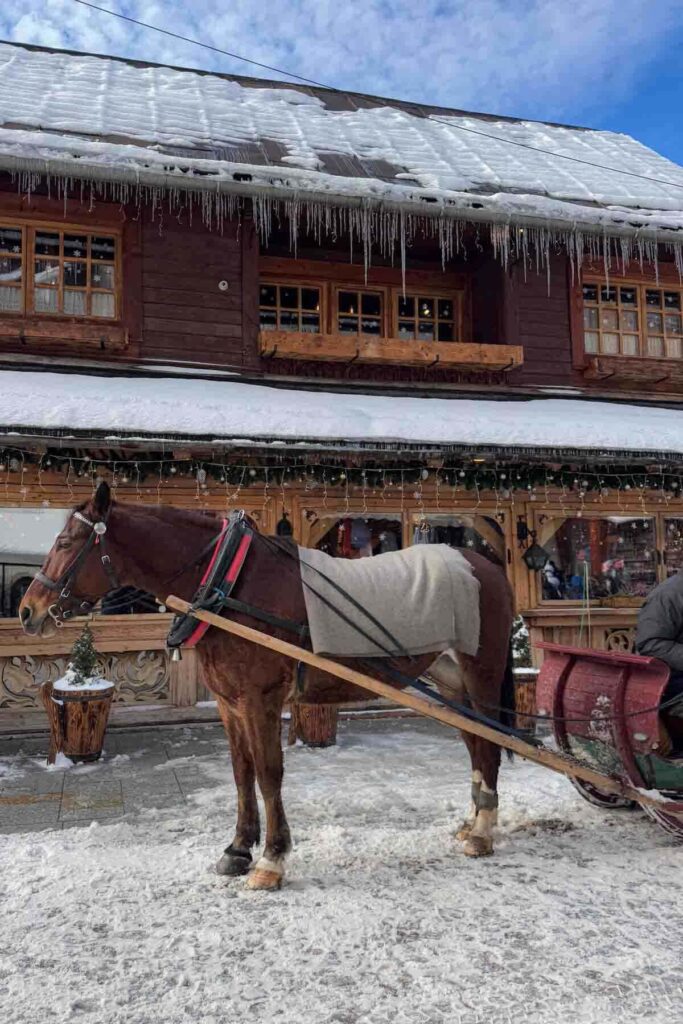 A brown horse in a blanket stands hitched to a red sleigh outside a rustic wooden building lines with real icicles and decorated with garland and lights. A festive scene in one of the best Christmas destinations with kids.