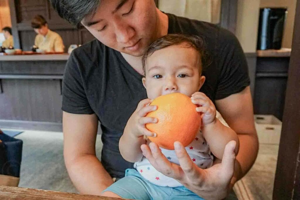 Parent holding a 7 month old baby who is curiously biting a large grapefruit inside a modern cafe in Kyoto, Japan. Sweet everyday moment from a family trip to Japan.
