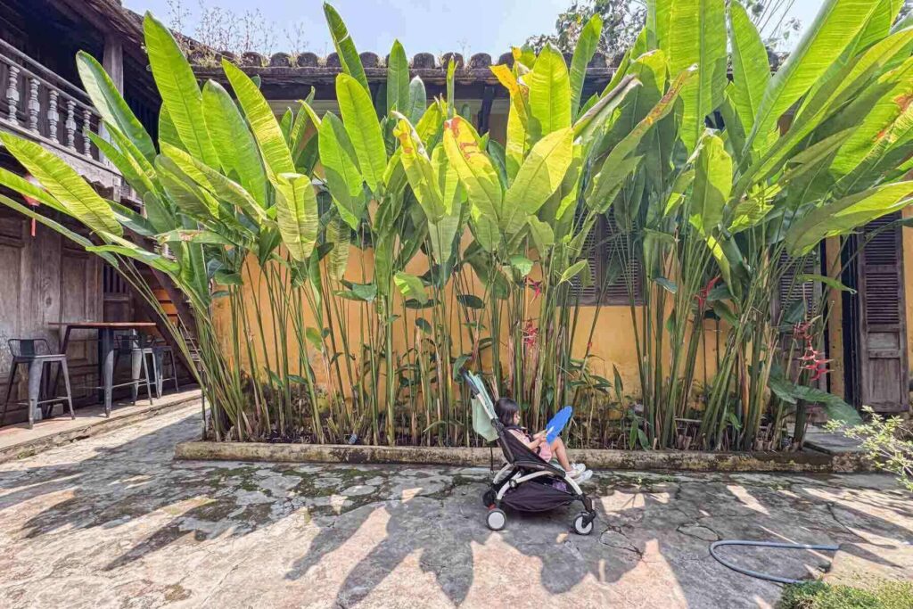 Toddler relaxing in a Babyzen Yoyo stroller beneath tall green plants in a Hoi An, Vietnam courtyard, showing comfort during long sightseeing days.