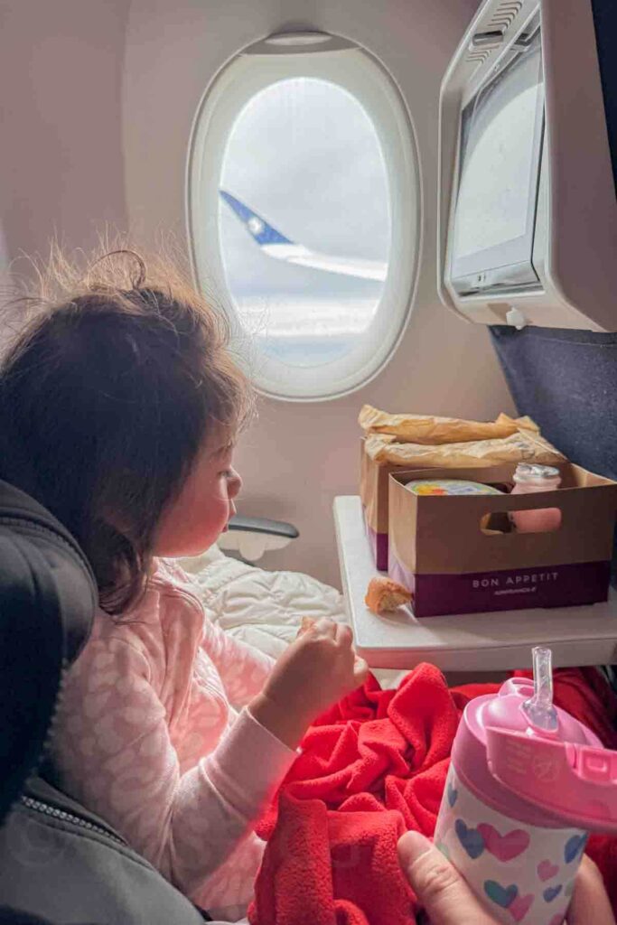 Toddler sitting at the window seat on an airplane cozy with a red plane blanket, heart thermos water bottle, and cardboard snack box during a long distance flight. A calm comfortable setup helps when flying with young kids.