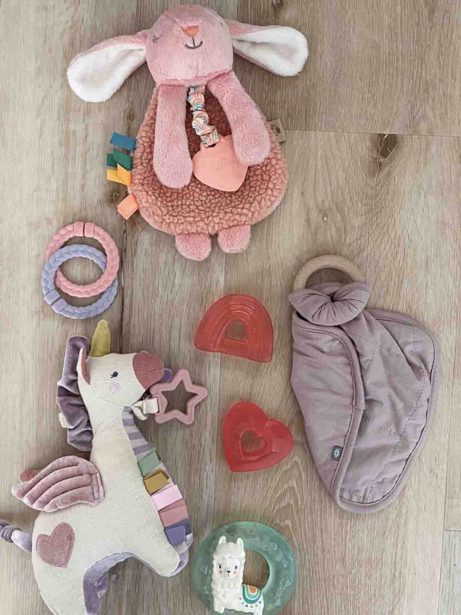 Flat lay on wood floor of soft infant travel toys including plush sensory animals and silicone teethers in pink and purple tones, ideal for packing light.