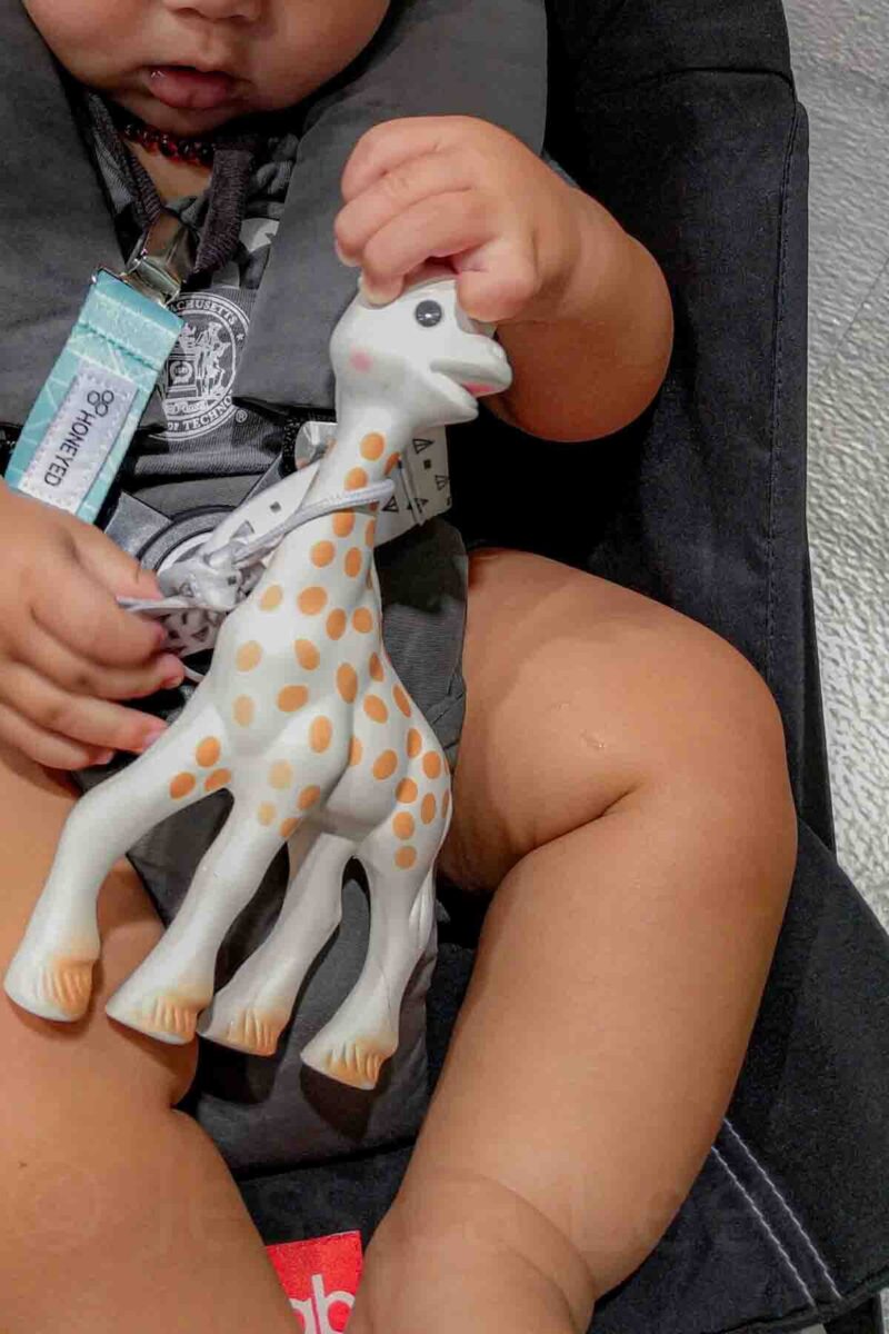 Baby seated in a travel stroller gripping a Sophie La Girafe teether clipped to a pacifier strap, a practical baby travel toy tip that helps prevent drops in transit.