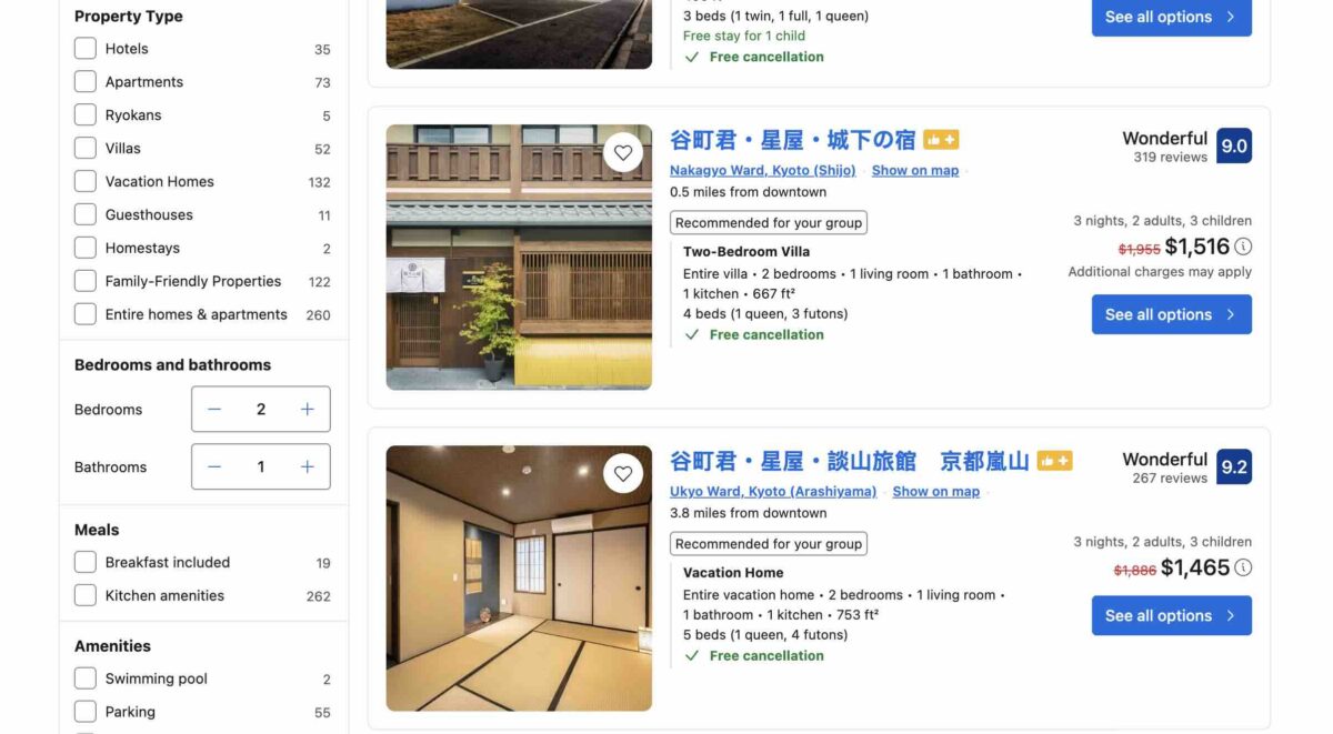 Screenshot of a travel booking website, Booking.com, showing family friendly vacation rentals in Kyoto with filters for property type, bedrooms, bathrooms, and amenities. Listings include traditional Japanese homes with prices, ratings, and free cancellation options, highlighting how travel planning websites help families compare accommodations.