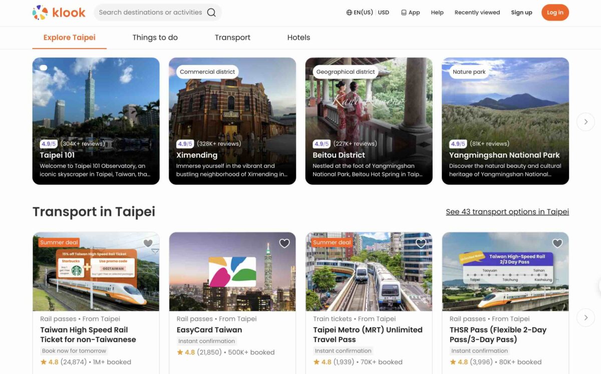 Screenshot of the Klook travel planning website featuring attractions and transport options in Taipei including Taipei 101, Ximending, metro passes, and high speed rail tickets. The page shows how travel booking websites organize activities, transportation, and hotels all in one place for easier trip planning.