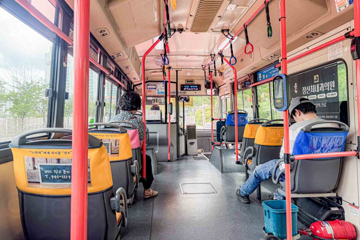 Rows of seats and colorful hanging hand straps fill the interior of a Busan city bus with several passengers seated inside. The relatively open aisle shows the type of space families may have to manage when boarding with children or a stroller.