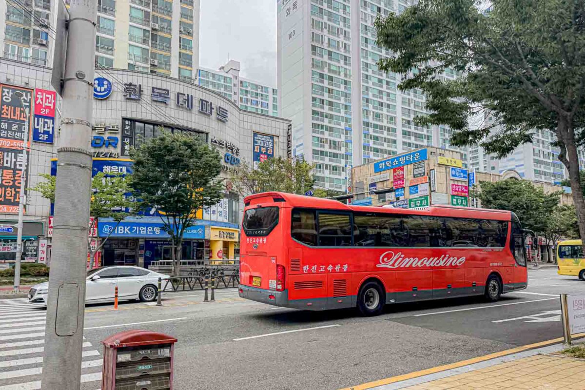 A large red airport-style bus marked "Limousine" drives along a Busan street lined with shops and apartment buildings. Airport limousine buses provide another transportation option for reaching areas such as Haeundae after arriving in Busan.
