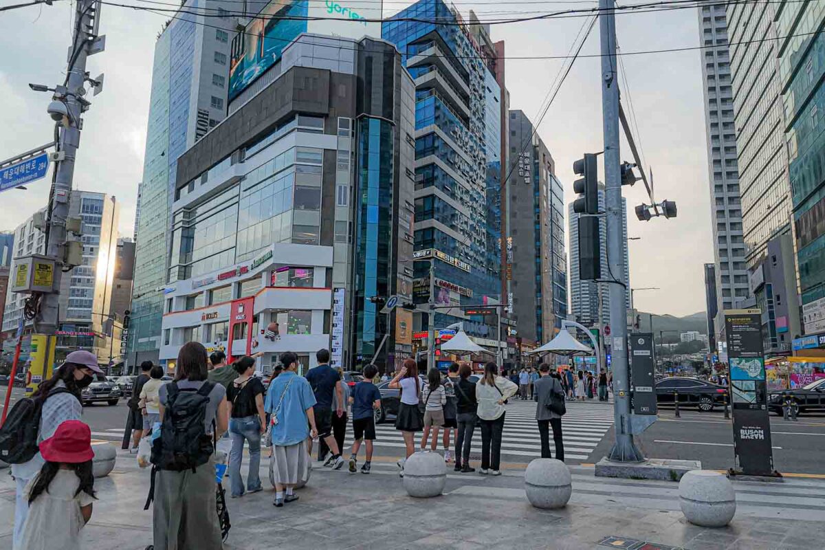 A crowd waits at a wide pedestrian crossing on Gunam ro surrounded by tall commercial buildings in Haeundae. Clearly marked crosswalks make busy intersections easier to navigate while walking around Busan with children.