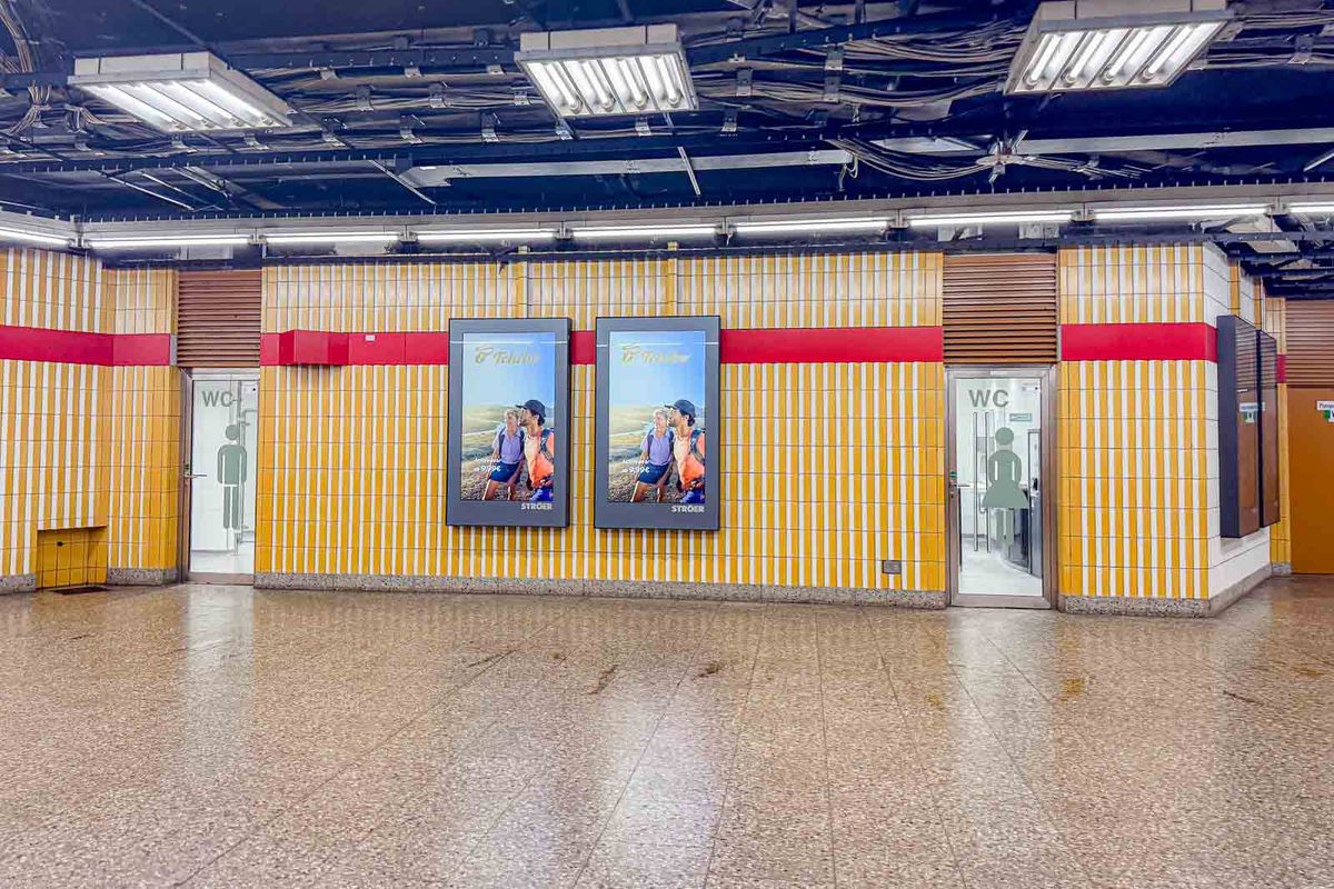 Public restroom facilities at Rotkreuzplatz U Bahn station in Munich. A useful bathroom stop for families traveling around the city by public transportation.